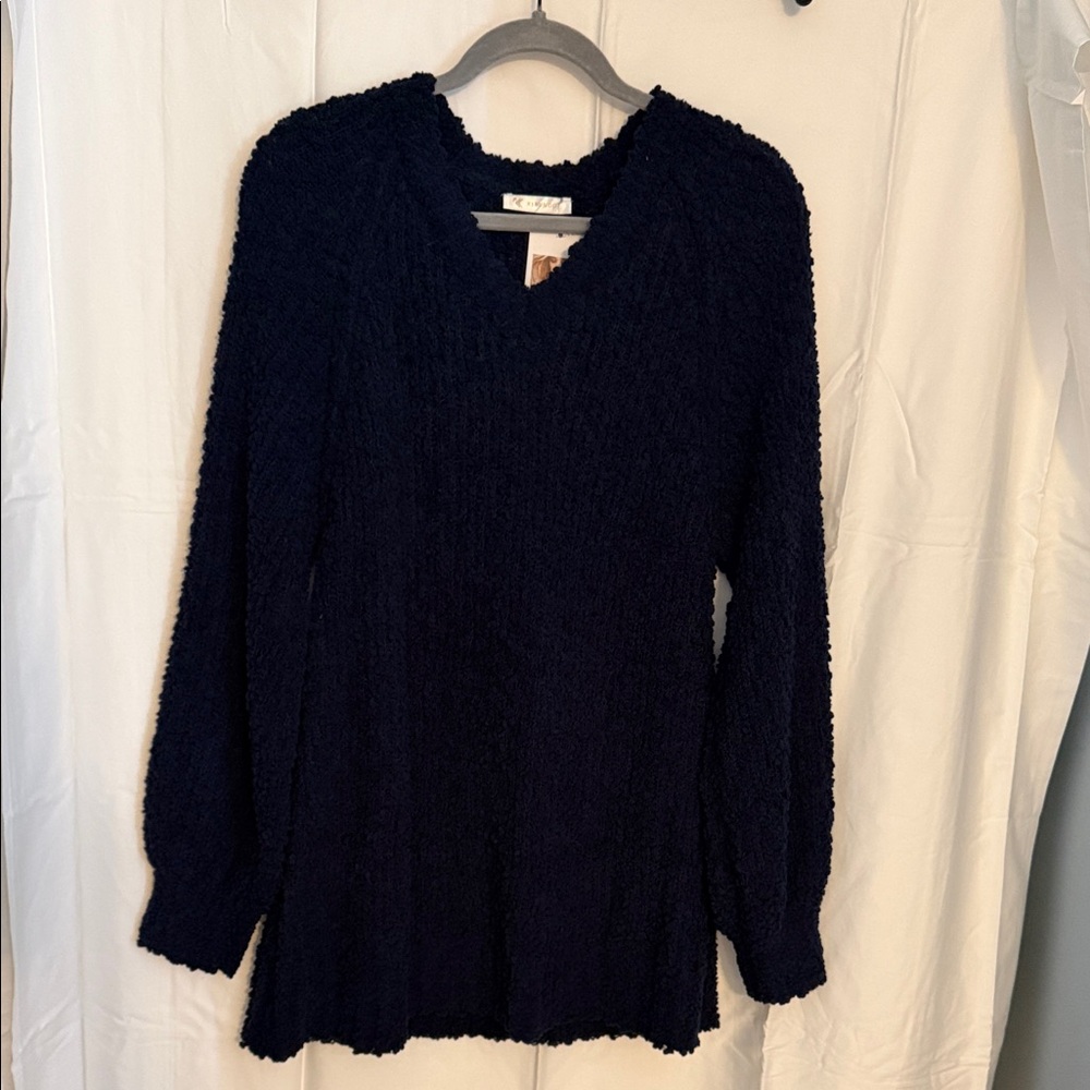 V-Neck Textured Navy Women's Sweater